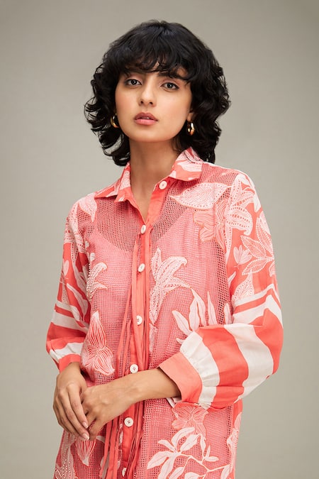 Buy Soup By Sougat Paul Pink Linen, Cotton Embroidery Collared Ahyana Floral Applique Shirt Dress Buy_Soup By Sougat Paul_Pink Linen, Cotton Embroidery Collared Ahyana Floral Applique Shirt Dress