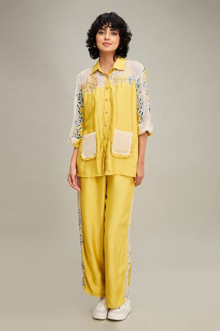 Soup by Sougat Paul Yellow Shirt Chanderi Embroidery Floral Zinnia And Pant Set  