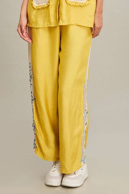 Soup By Sougat Paul Yellow Chanderi Embroidery Collared Zinnia Floral Applique Shirt And Pant Set Online at Aza Fashions Soup By Sougat Paul_Yellow Chanderi Embroidery Collared Zinnia Floral Applique Shirt And Pant Set _Online_at_Aza_Fashions