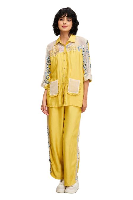 Buy Soup By Sougat Paul Yellow Chanderi Embroidery Collared Zinnia Floral Applique Shirt And Pant Set Online at Aza Fashions Buy_Soup By Sougat Paul_Yellow Chanderi Embroidery Collared Zinnia Floral Applique Shirt And Pant Set _Online_at_Aza_Fashions