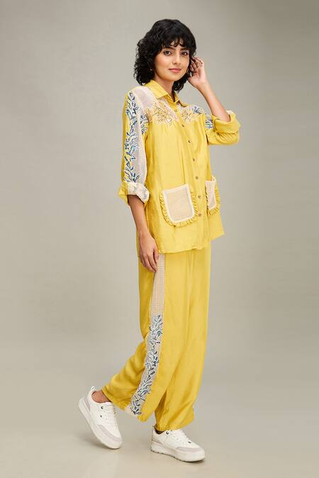Shop Soup By Sougat Paul Yellow Chanderi Embroidery Collared Zinnia Floral Applique Shirt And Pant Set Online at Aza Fashions Shop_Soup By Sougat Paul_Yellow Chanderi Embroidery Collared Zinnia Floral Applique Shirt And Pant Set _Online_at_Aza_Fashions