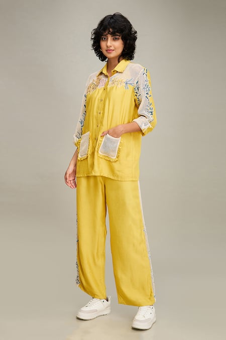 Soup By Sougat Paul Yellow Chanderi Embroidery Collared Zinnia Floral Applique Shirt And Pant Set at Aza Fashions Soup By Sougat Paul_Yellow Chanderi Embroidery Collared Zinnia Floral Applique Shirt And Pant Set _at_Aza_Fashions