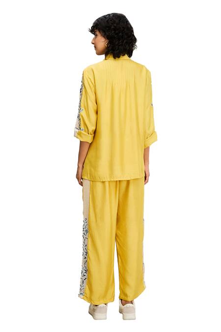 Buy Soup By Sougat Paul Yellow Chanderi Embroidery Collared Zinnia Floral Applique Shirt And Pant Set Buy_Soup By Sougat Paul_Yellow Chanderi Embroidery Collared Zinnia Floral Applique Shirt And Pant Set