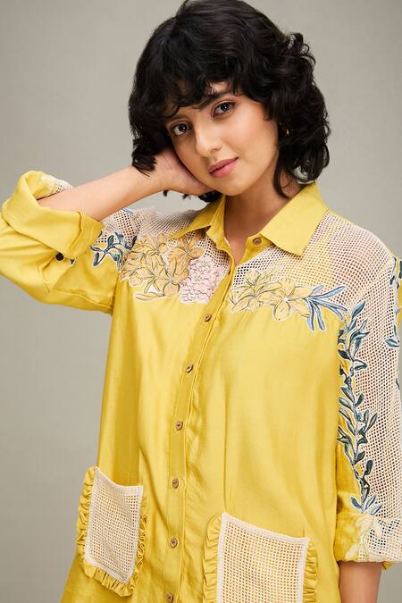 Shop Soup By Sougat Paul Yellow Chanderi Embroidery Collared Zinnia Floral Applique Shirt And Pant Set Shop_Soup By Sougat Paul_Yellow Chanderi Embroidery Collared Zinnia Floral Applique Shirt And Pant Set