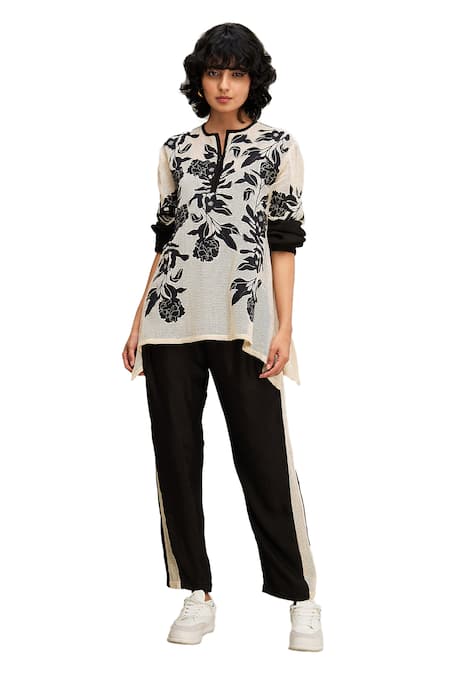 Buy Soup By Sougat Paul Off White Handloom Cotton, Chanderi Applique Zinna Embroidered Top And Pant Set Online at Aza Fashions Buy_Soup By Sougat Paul_Off White Handloom Cotton, Chanderi Applique Zinna Embroidered Top And Pant Set _Online_at_Aza_Fashions