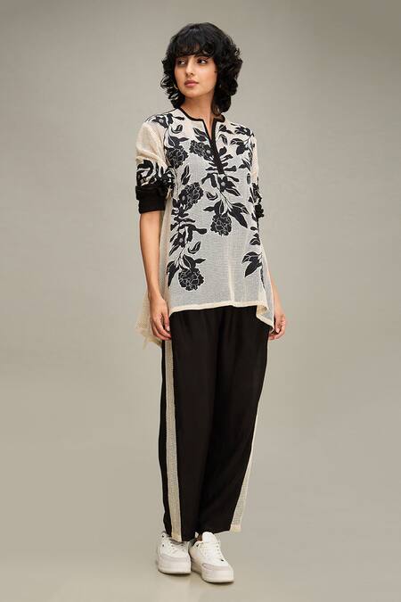 Shop Soup By Sougat Paul Off White Handloom Cotton, Chanderi Applique Zinna Embroidered Top And Pant Set Online at Aza Fashions Shop_Soup By Sougat Paul_Off White Handloom Cotton, Chanderi Applique Zinna Embroidered Top And Pant Set _Online_at_Aza_Fashions