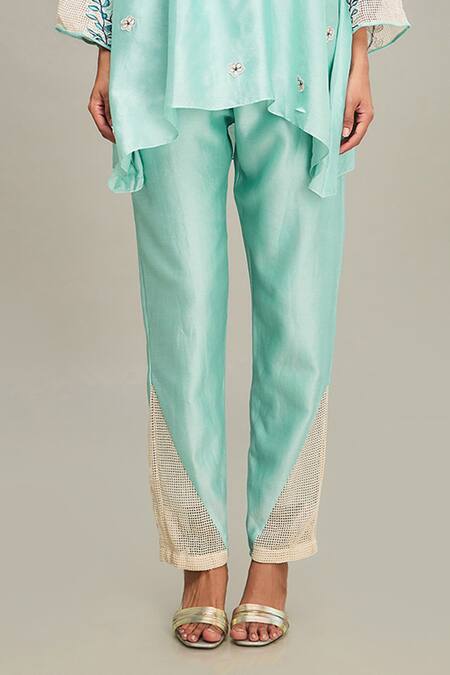 Soup By Sougat Paul Green Handloom Cotton, Chanderi Embroidery Round Neck Zinnia Top And Pant Set Online at Aza Fashions Soup By Sougat Paul_Green Handloom Cotton, Chanderi Embroidery Round Neck Zinnia Top And Pant Set _Online_at_Aza_Fashions