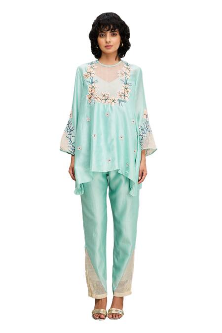 Buy Soup By Sougat Paul Green Handloom Cotton, Chanderi Embroidery Round Neck Zinnia Top And Pant Set Online at Aza Fashions Buy_Soup By Sougat Paul_Green Handloom Cotton, Chanderi Embroidery Round Neck Zinnia Top And Pant Set _Online_at_Aza_Fashions