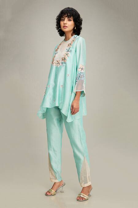 Shop Soup By Sougat Paul Green Handloom Cotton, Chanderi Embroidery Round Neck Zinnia Top And Pant Set Online at Aza Fashions Shop_Soup By Sougat Paul_Green Handloom Cotton, Chanderi Embroidery Round Neck Zinnia Top And Pant Set _Online_at_Aza_Fashions