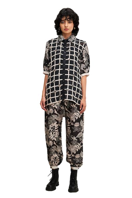 Buy Soup By Sougat Paul Black Linen Embroidery Collared Ahyana Checkered Shirt And Pant Set Online at Aza Fashions Buy_Soup By Sougat Paul_Black Linen Embroidery Collared Ahyana Checkered Shirt And Pant Set _Online_at_Aza_Fashions