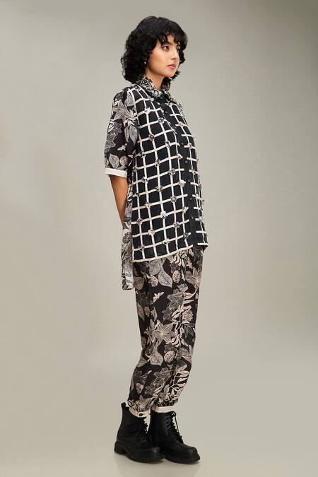 Shop Soup By Sougat Paul Black Linen Embroidery Collared Ahyana Checkered Shirt And Pant Set Online at Aza Fashions Shop_Soup By Sougat Paul_Black Linen Embroidery Collared Ahyana Checkered Shirt And Pant Set _Online_at_Aza_Fashions