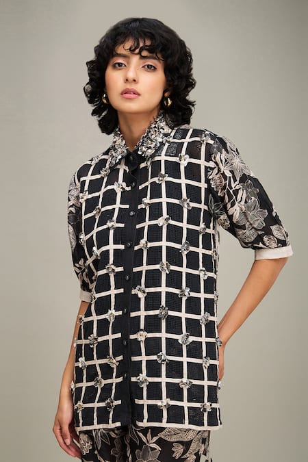 Buy Soup By Sougat Paul Black Linen Embroidery Collared Ahyana Checkered Shirt And Pant Set Buy_Soup By Sougat Paul_Black Linen Embroidery Collared Ahyana Checkered Shirt And Pant Set