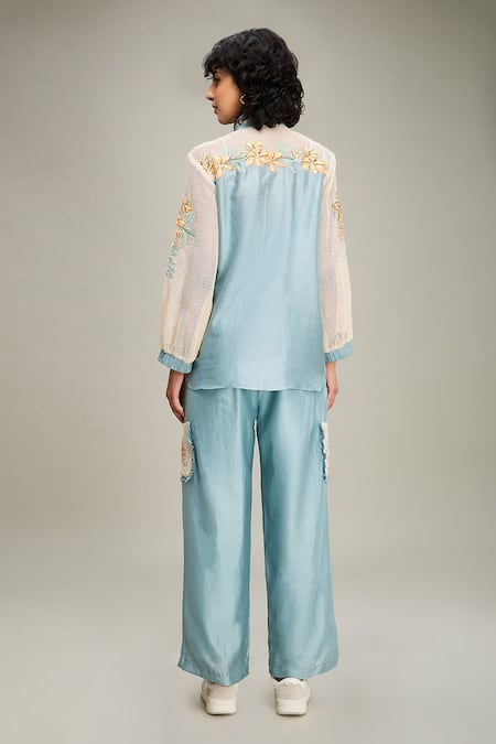 Shop Soup By Sougat Paul Blue Chanderi, Handloom Cotton Embroidery Zinnia Sleeve Shirt And Pant Set at Aza Fashions Shop_Soup By Sougat Paul_Blue Chanderi, Handloom Cotton Embroidery Zinnia Sleeve Shirt And Pant Set _at_Aza_Fashions