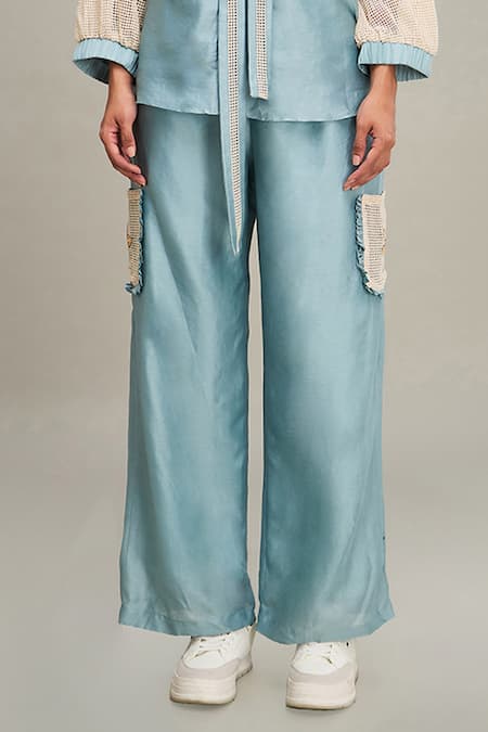 Buy Soup By Sougat Paul Blue Chanderi, Handloom Cotton Embroidery Zinnia Sleeve Shirt And Pant Set Online at Aza Fashions Buy_Soup By Sougat Paul_Blue Chanderi, Handloom Cotton Embroidery Zinnia Sleeve Shirt And Pant Set _Online_at_Aza_Fashions