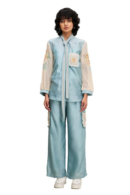 Shop Soup By Sougat Paul Blue Chanderi, Handloom Cotton Embroidery Zinnia Sleeve Shirt And Pant Set Online at Aza Fashions Shop_Soup By Sougat Paul_Blue Chanderi, Handloom Cotton Embroidery Zinnia Sleeve Shirt And Pant Set _Online_at_Aza_Fashions