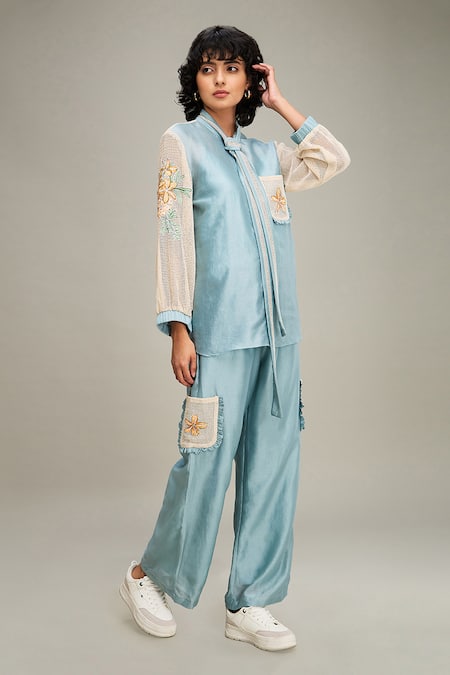 Soup By Sougat Paul Blue Chanderi, Handloom Cotton Embroidery Zinnia Sleeve Shirt And Pant Set at Aza Fashions Soup By Sougat Paul_Blue Chanderi, Handloom Cotton Embroidery Zinnia Sleeve Shirt And Pant Set _at_Aza_Fashions