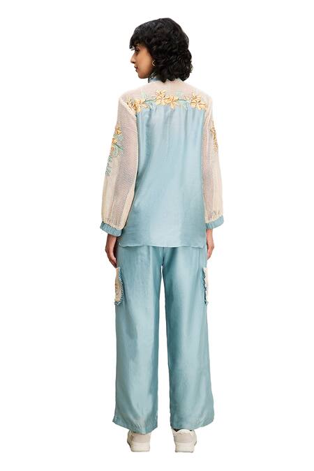 Buy Soup By Sougat Paul Blue Chanderi, Handloom Cotton Embroidery Zinnia Sleeve Shirt And Pant Set Buy_Soup By Sougat Paul_Blue Chanderi, Handloom Cotton Embroidery Zinnia Sleeve Shirt And Pant Set