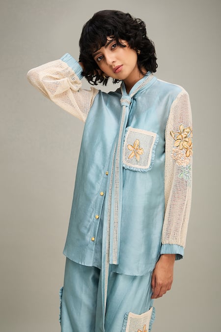 Shop Soup By Sougat Paul Blue Chanderi, Handloom Cotton Embroidery Zinnia Sleeve Shirt And Pant Set Shop_Soup By Sougat Paul_Blue Chanderi, Handloom Cotton Embroidery Zinnia Sleeve Shirt And Pant Set