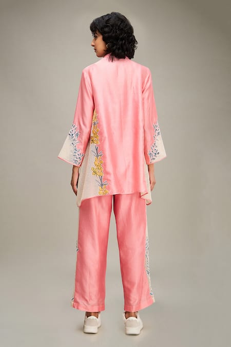 Shop Soup By Sougat Paul Pink Chanderi, Handloom Cotton Zinna Floral Applique Work Shirt And Pant Set at Aza Fashions Shop_Soup By Sougat Paul_Pink Chanderi, Handloom Cotton Zinna Floral Applique Work Shirt And Pant Set _at_Aza_Fashions