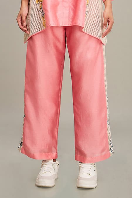 Soup By Sougat Paul Pink Chanderi, Handloom Cotton Zinna Floral Applique Work Shirt And Pant Set Online at Aza Fashions Soup By Sougat Paul_Pink Chanderi, Handloom Cotton Zinna Floral Applique Work Shirt And Pant Set _Online_at_Aza_Fashions