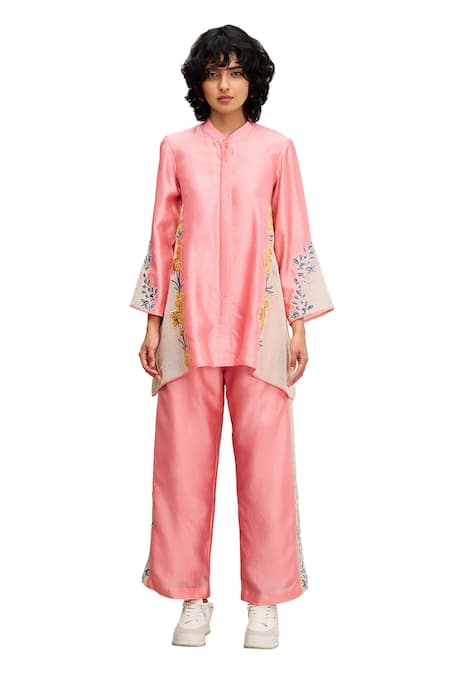 Buy Soup By Sougat Paul Pink Chanderi, Handloom Cotton Zinna Floral Applique Work Shirt And Pant Set Online at Aza Fashions Buy_Soup By Sougat Paul_Pink Chanderi, Handloom Cotton Zinna Floral Applique Work Shirt And Pant Set _Online_at_Aza_Fashions