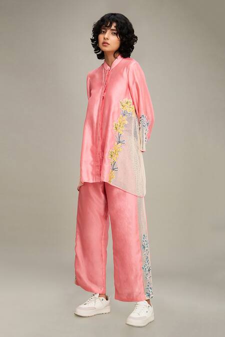 Shop Soup By Sougat Paul Pink Chanderi, Handloom Cotton Zinna Floral Applique Work Shirt And Pant Set Online at Aza Fashions Shop_Soup By Sougat Paul_Pink Chanderi, Handloom Cotton Zinna Floral Applique Work Shirt And Pant Set _Online_at_Aza_Fashions