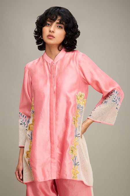 Buy Soup By Sougat Paul Pink Chanderi, Handloom Cotton Zinna Floral Applique Work Shirt And Pant Set Buy_Soup By Sougat Paul_Pink Chanderi, Handloom Cotton Zinna Floral Applique Work Shirt And Pant Set
