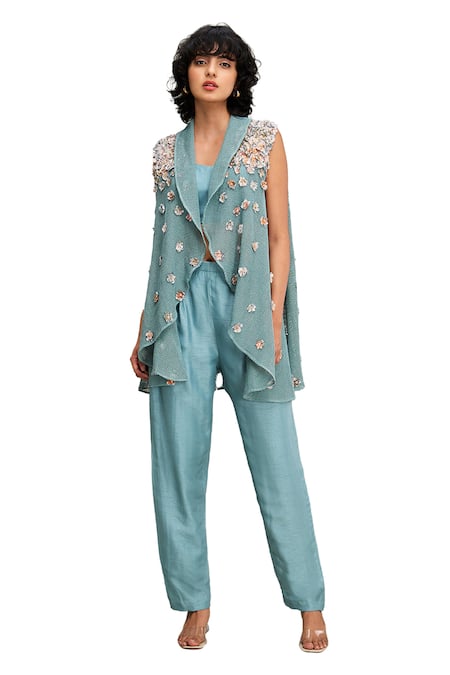 Buy Soup By Sougat Paul Green Chanderi, Handloom Cotton Beads, Conversational Embellished Cape Pant Set Online at Aza Fashions Buy_Soup By Sougat Paul_Green Chanderi, Handloom Cotton Beads, Conversational Embellished Cape Pant Set _Online_at_Aza_Fashions