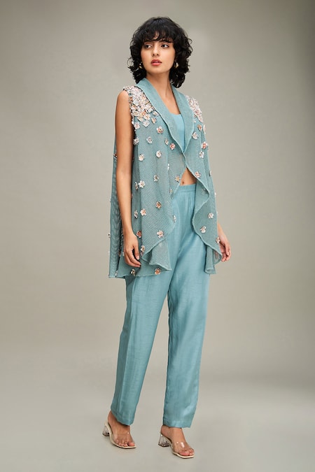 Shop Soup By Sougat Paul Green Chanderi, Handloom Cotton Beads, Conversational Embellished Cape Pant Set Online at Aza Fashions Shop_Soup By Sougat Paul_Green Chanderi, Handloom Cotton Beads, Conversational Embellished Cape Pant Set _Online_at_Aza_Fashions
