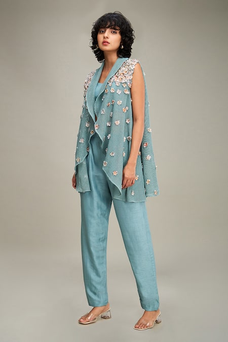 Soup By Sougat Paul Green Chanderi, Handloom Cotton Beads, Conversational Embellished Cape Pant Set at Aza Fashions Soup By Sougat Paul_Green Chanderi, Handloom Cotton Beads, Conversational Embellished Cape Pant Set _at_Aza_Fashions