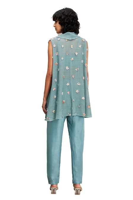 Buy Soup By Sougat Paul Green Chanderi, Handloom Cotton Beads, Conversational Embellished Cape Pant Set Buy_Soup By Sougat Paul_Green Chanderi, Handloom Cotton Beads, Conversational Embellished Cape Pant Set
