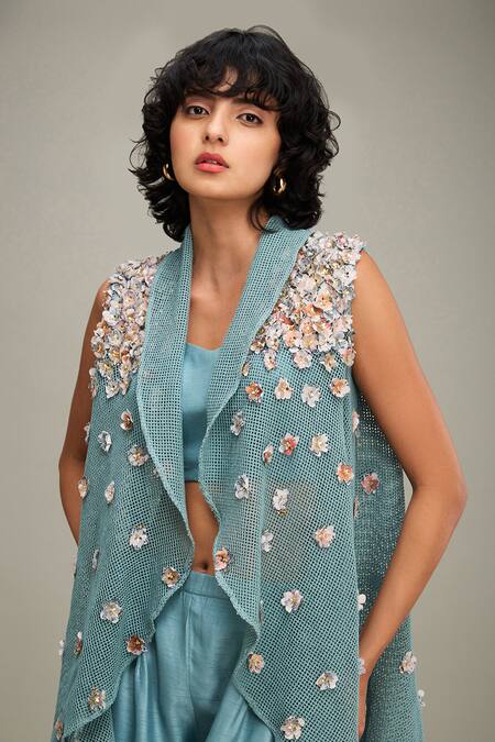 Shop Soup By Sougat Paul Green Chanderi, Handloom Cotton Beads, Conversational Embellished Cape Pant Set Shop_Soup By Sougat Paul_Green Chanderi, Handloom Cotton Beads, Conversational Embellished Cape Pant Set