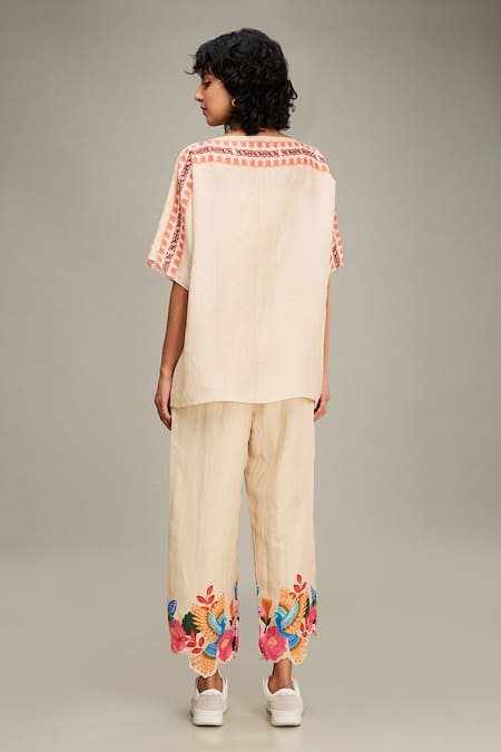 Shop Soup By Sougat Paul Beige Linen Embroidery, Beads Boat Avian Canopy Printed Kimono Top And Pant Set at Aza Fashions Shop_Soup By Sougat Paul_Beige Linen Embroidery, Beads Boat Avian Canopy Printed Kimono Top And Pant Set _at_Aza_Fashions