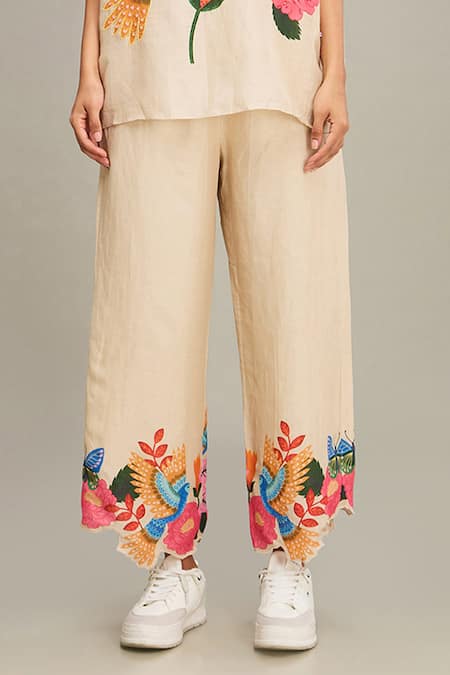 Soup By Sougat Paul Beige Linen Embroidery, Beads Boat Avian Canopy Printed Kimono Top And Pant Set Online at Aza Fashions Soup By Sougat Paul_Beige Linen Embroidery, Beads Boat Avian Canopy Printed Kimono Top And Pant Set _Online_at_Aza_Fashions