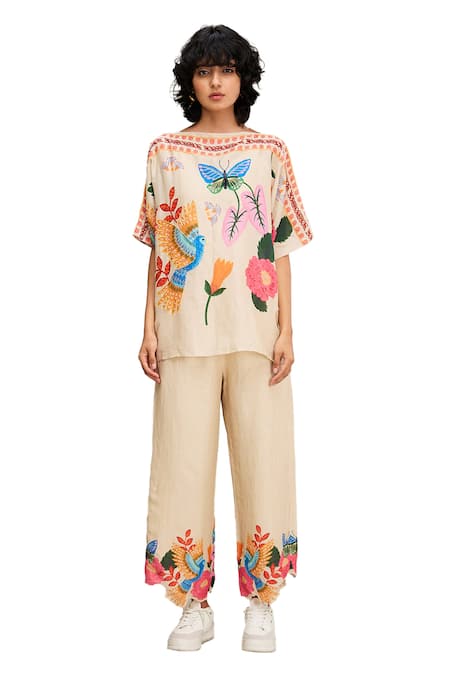 Buy Soup By Sougat Paul Beige Linen Embroidery, Beads Boat Avian Canopy Printed Kimono Top And Pant Set Online at Aza Fashions Buy_Soup By Sougat Paul_Beige Linen Embroidery, Beads Boat Avian Canopy Printed Kimono Top And Pant Set _Online_at_Aza_Fashions