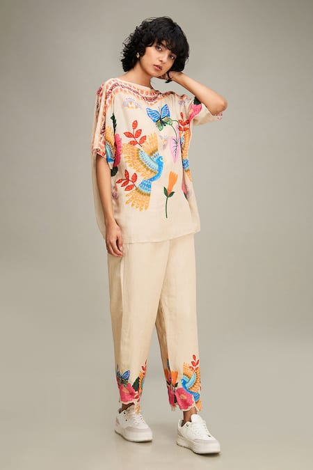 Shop Soup By Sougat Paul Beige Linen Embroidery, Beads Boat Avian Canopy Printed Kimono Top And Pant Set Online at Aza Fashions Shop_Soup By Sougat Paul_Beige Linen Embroidery, Beads Boat Avian Canopy Printed Kimono Top And Pant Set _Online_at_Aza_Fashions