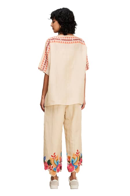 Soup By Sougat Paul Beige Linen Embroidery, Beads Boat Avian Canopy Printed Kimono Top And Pant Set at Aza Fashions Soup By Sougat Paul_Beige Linen Embroidery, Beads Boat Avian Canopy Printed Kimono Top And Pant Set _at_Aza_Fashions
