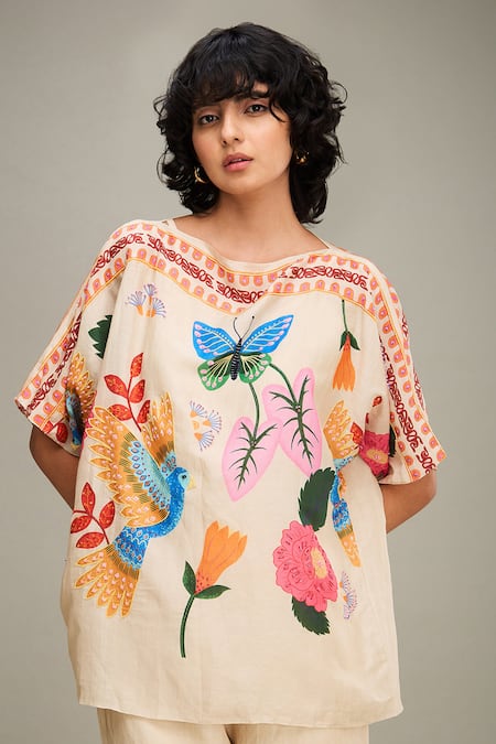 Buy Soup By Sougat Paul Beige Linen Embroidery, Beads Boat Avian Canopy Printed Kimono Top And Pant Set Buy_Soup By Sougat Paul_Beige Linen Embroidery, Beads Boat Avian Canopy Printed Kimono Top And Pant Set