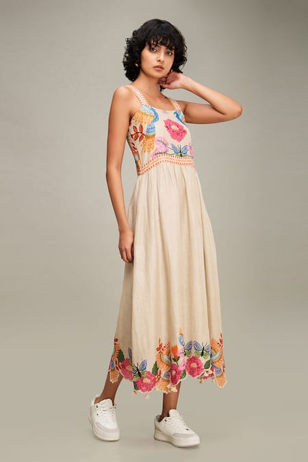 Shop Soup By Sougat Paul Beige Linen Embroidery, Beads Square Neck Avian Canopy Dress at Aza Fashions Shop_Soup By Sougat Paul_Beige Linen Embroidery, Beads Square Neck Avian Canopy Dress _at_Aza_Fashions