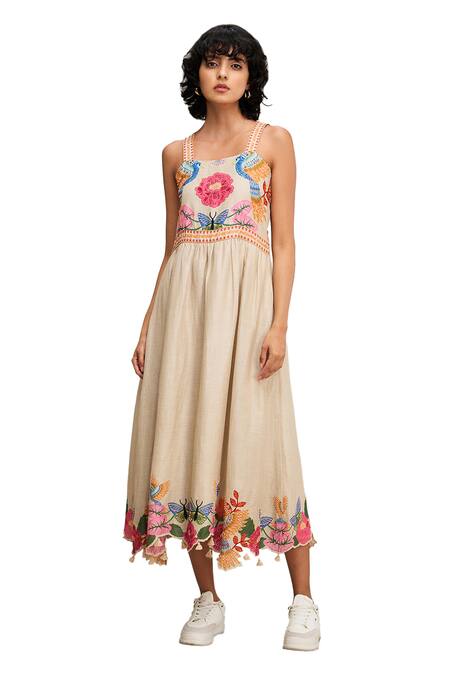 Soup By Sougat Paul Beige Linen Embroidery, Beads Square Neck Avian Canopy Dress Online at Aza Fashions Soup By Sougat Paul_Beige Linen Embroidery, Beads Square Neck Avian Canopy Dress _Online_at_Aza_Fashions