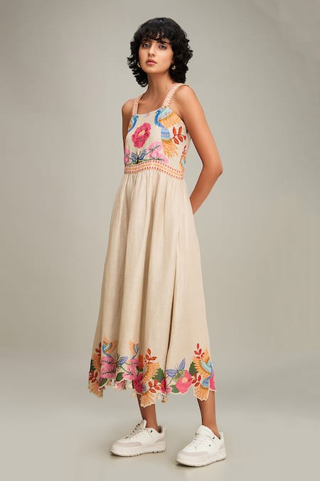 Buy Soup By Sougat Paul Beige Linen Embroidery, Beads Square Neck Avian Canopy Dress Online at Aza Fashions Buy_Soup By Sougat Paul_Beige Linen Embroidery, Beads Square Neck Avian Canopy Dress _Online_at_Aza_Fashions