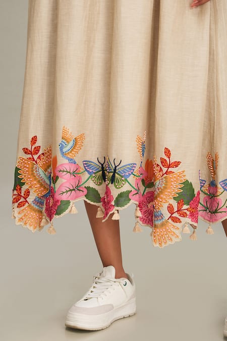 Shop Soup By Sougat Paul Beige Linen Embroidery, Beads Square Neck Avian Canopy Dress Online at Aza Fashions Shop_Soup By Sougat Paul_Beige Linen Embroidery, Beads Square Neck Avian Canopy Dress _Online_at_Aza_Fashions