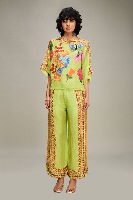 Shop Soup By Sougat Paul Green Linen Beads, Embroidery Avain Canopy Embellished Kimono Top And Pant Set Shop_Soup By Sougat Paul_Green Linen Beads, Embroidery Avain Canopy Embellished Kimono Top And Pant Set