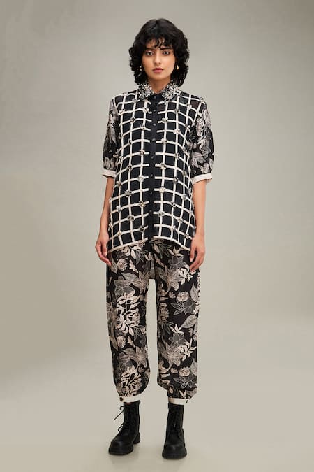 Shop Soup By Sougat Paul Black Linen Embroidery Collared Ahyana Checkered Shirt And Pant Set Shop_Soup By Sougat Paul_Black Linen Embroidery Collared Ahyana Checkered Shirt And Pant Set