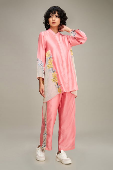 Soup by Sougat Paul Pink Handloom Net Embroidery Floral Applique Zinna Work Shirt And Pant Set 