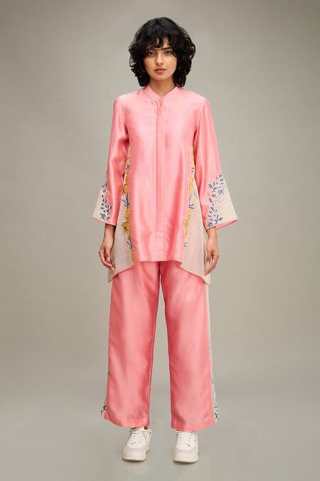 Shop Soup By Sougat Paul Pink Chanderi, Handloom Cotton Zinna Floral Applique Work Shirt And Pant Set Shop_Soup By Sougat Paul_Pink Chanderi, Handloom Cotton Zinna Floral Applique Work Shirt And Pant Set