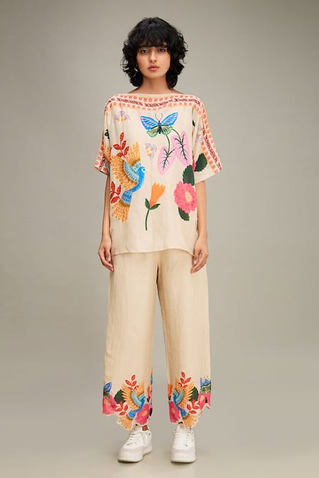 Shop Soup By Sougat Paul Beige Linen Embroidery, Beads Boat Avian Canopy Printed Kimono Top And Pant Set Shop_Soup By Sougat Paul_Beige Linen Embroidery, Beads Boat Avian Canopy Printed Kimono Top And Pant Set