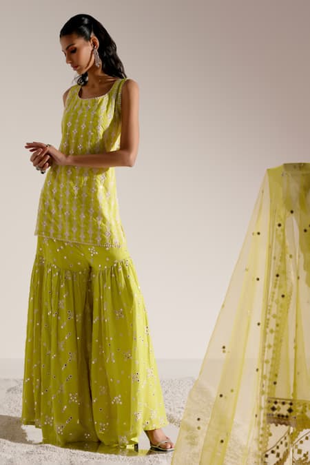 Buy_Preevin_Green Cotton, Tulle, Net Mirrors, Embroidery Scoop Neck Work Kurta Sharara Set 