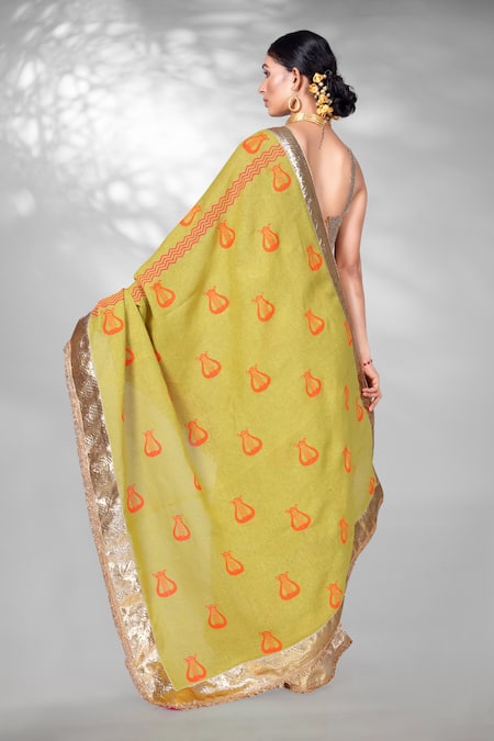 Anita Kanwal Harp Block Print Green Saree 