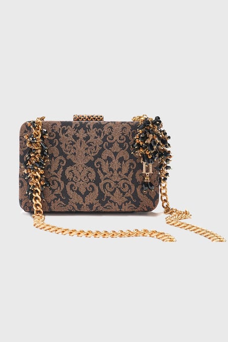 Shop Tarun Tahiliani Brown Black Barffi Fleur Brocade Woven Clutch With Chain Strap at Aza Fashions Shop_Tarun Tahiliani_Brown Black Barffi Fleur Brocade Woven Clutch With Chain Strap _at_Aza_Fashions